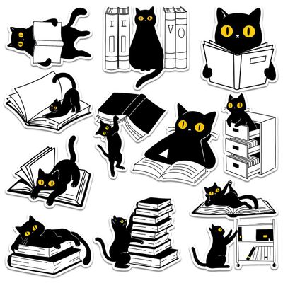 12 Pcs Black Cat Reading Books Stickers, Cute Black Cats with Books Stickers for Cat Lovers, Book Nerd Decals for Bookworms, Ideal Gifts for Librarians, Book Lovers, and Teachers 6 Inches