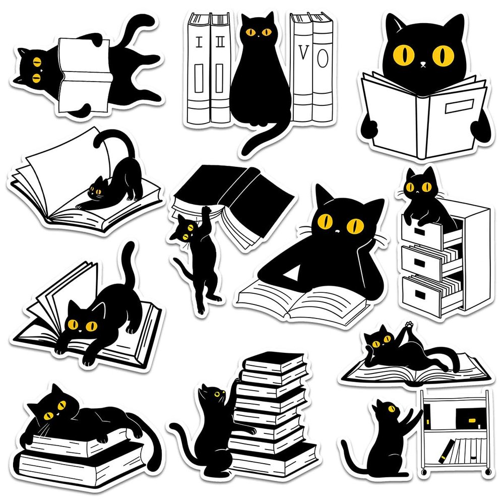 12 Pcs Black Cat Reading Books Stickers, Cute Black Cats with Books Stickers for Cat Lovers, Book Nerd Decals for Bookworms, Ideal Gifts for Librarians, Book Lovers, and Teachers 6 Inches
