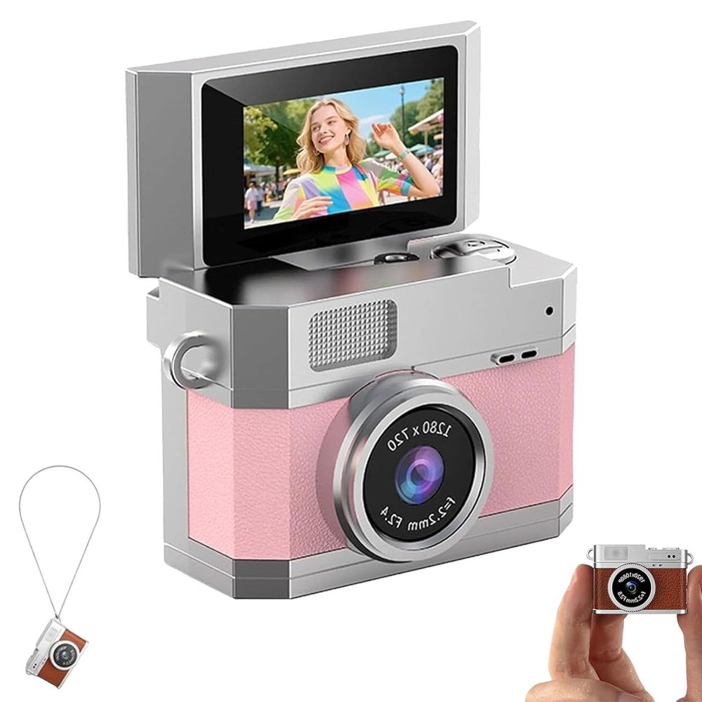 2026 New Thumb-Sized Flip Screen Mini Camera, Retro Flip-Screen Portable Mini Digital Camera, 180 Flip Selfie Screen, LED High Brightness Fill Light, Student Carry on Cameras (64G,Pink)