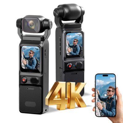 4K Vlogging Camera Mini Action Camera 180 Rotating Pocket Body Cam with Audio & Video Handheld Pov Cameras with Stabilization, Touch Screen, 64GB Card Small Vlog Camcorder for Sport, Travel, Daily