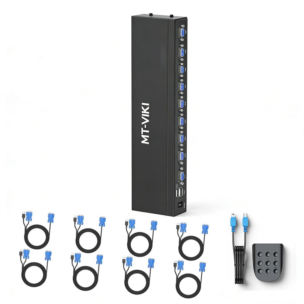 MT-VIKI KVM Switch 8 Port, 8X1 Rackmount KVM Switch VGA,Fit 1U 19'' Rack, Included 8 USB VGA KVM Cables & Power Adapter