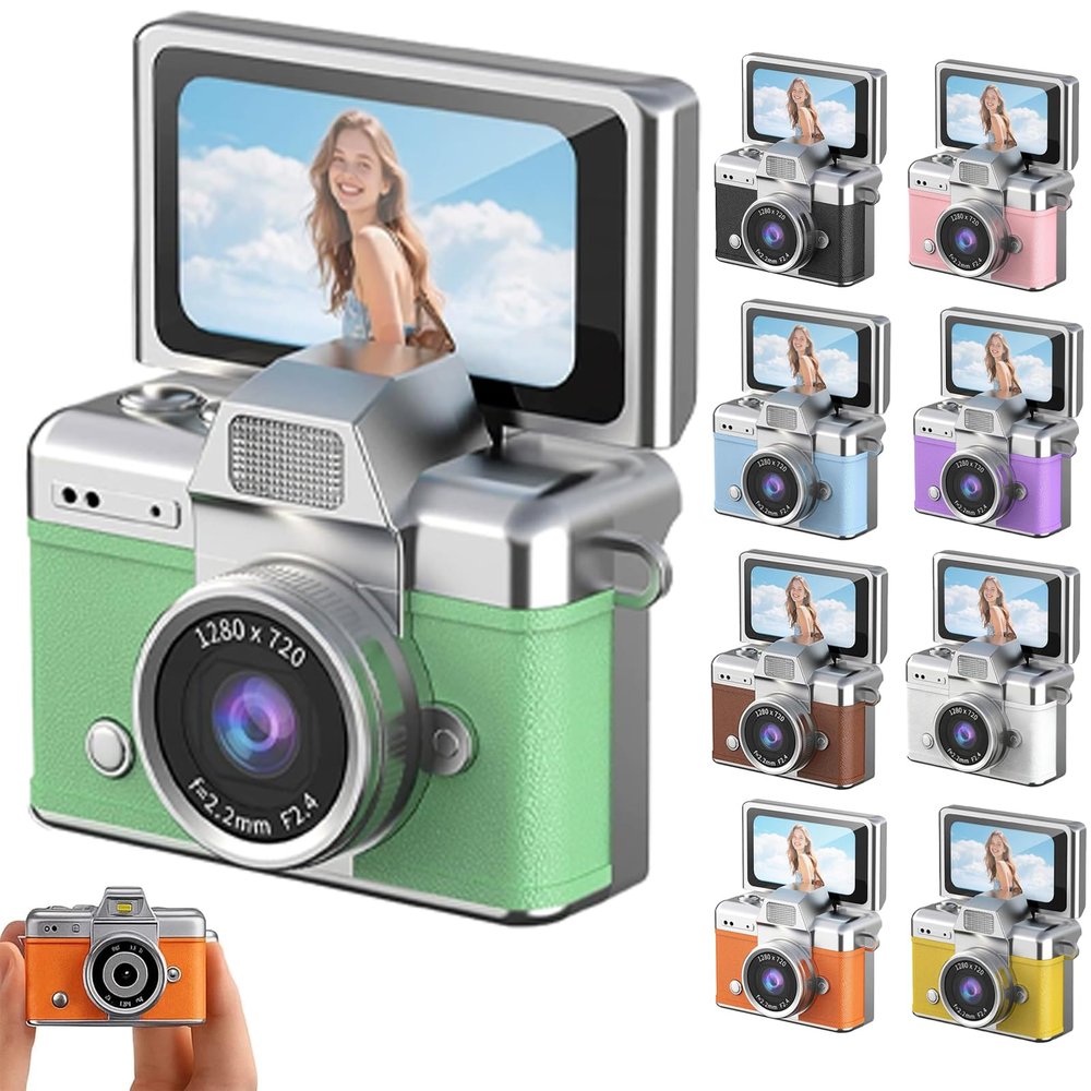2026 New Mini Keychain Retro Digital Camera - 1.47" LCD 1080P with 64GB Card, 180 Flip Screen & Built-in Flash, Ideal for Travel/Study/Concerts (Green,8GB)