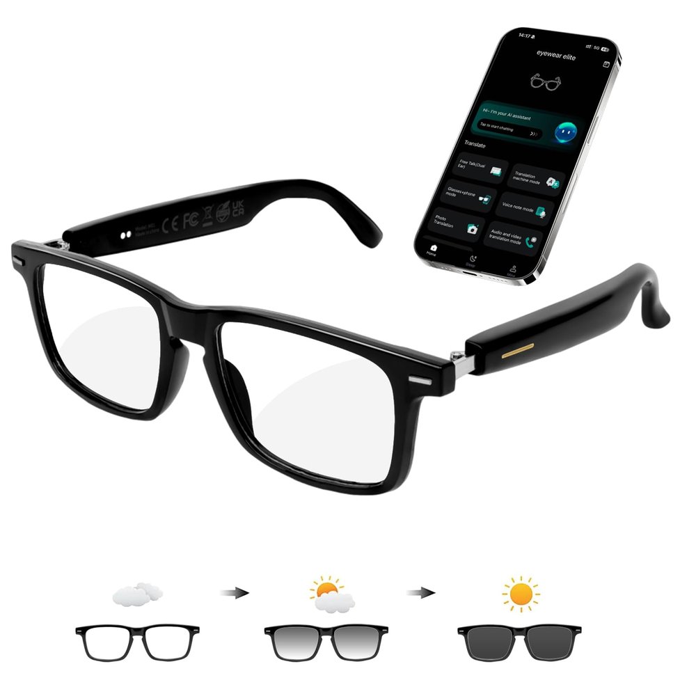 AI Smart Glasses for Men & Women  Powered by ChatGPT, 164+ Languages Translation and Photochromic Lens, Meeting Assistant, Bluetooth Glasses w/ Music & Hands-Free Calling, UV & Blue Light Protection