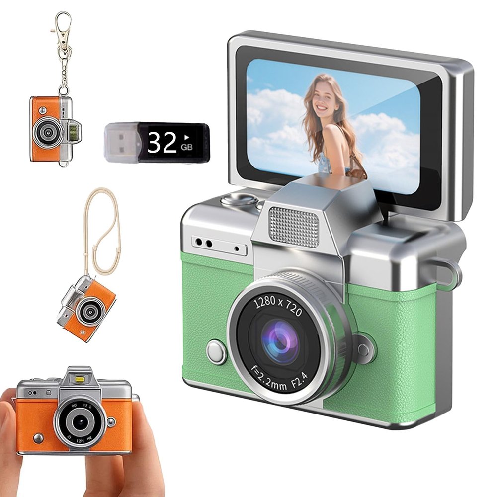 2026 New Mini Small Digital Camera with 1.47 in LCD Screen 1080P Retro Digital Pocket Size Camera with 32GB Card - Flip Screen, Built-in Flash, Strap - Ideal for Travel, Study, and Concerts (B,Green)