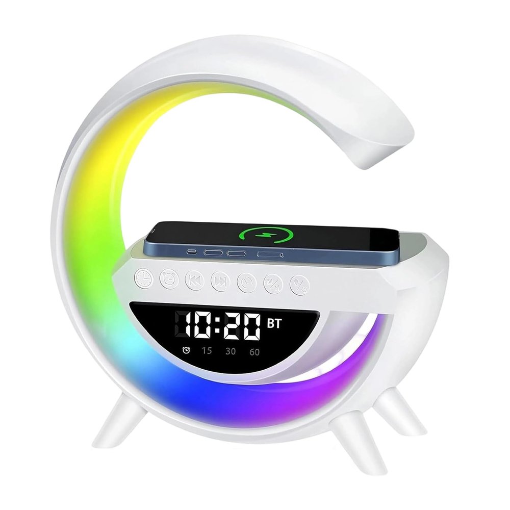 G Shaped Wireless Speaker and Charger, Fast Charging Led Alarm Clock & Fm Radio, Multifunctional Bluetooth Speaker, with Bluetooth, USB/Tf Playback for Bedroom Desk (White)