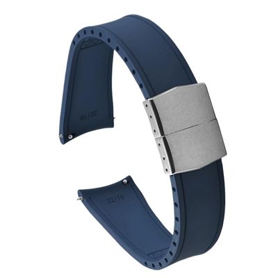 20/22mm Curved End Cuttable Rubber Folding Buckle Universal Diving Watchband Fit for Omega/Casio/Seiko(Blue-Silver Buckle,20mm)