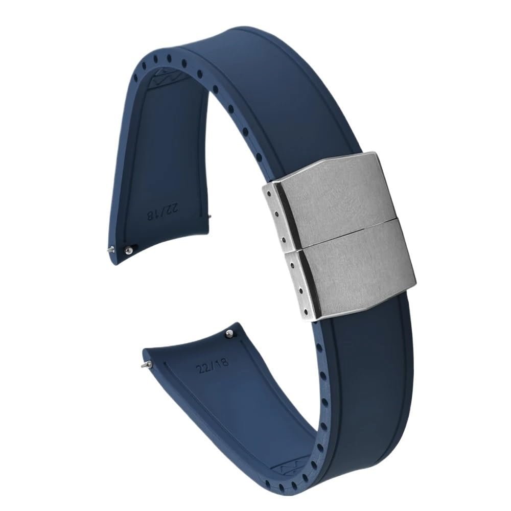 20/22mm Curved End Cuttable Rubber Folding Buckle Universal Diving Watchband Fit for Omega/Casio/Seiko(Blue-Silver Buckle,20mm)
