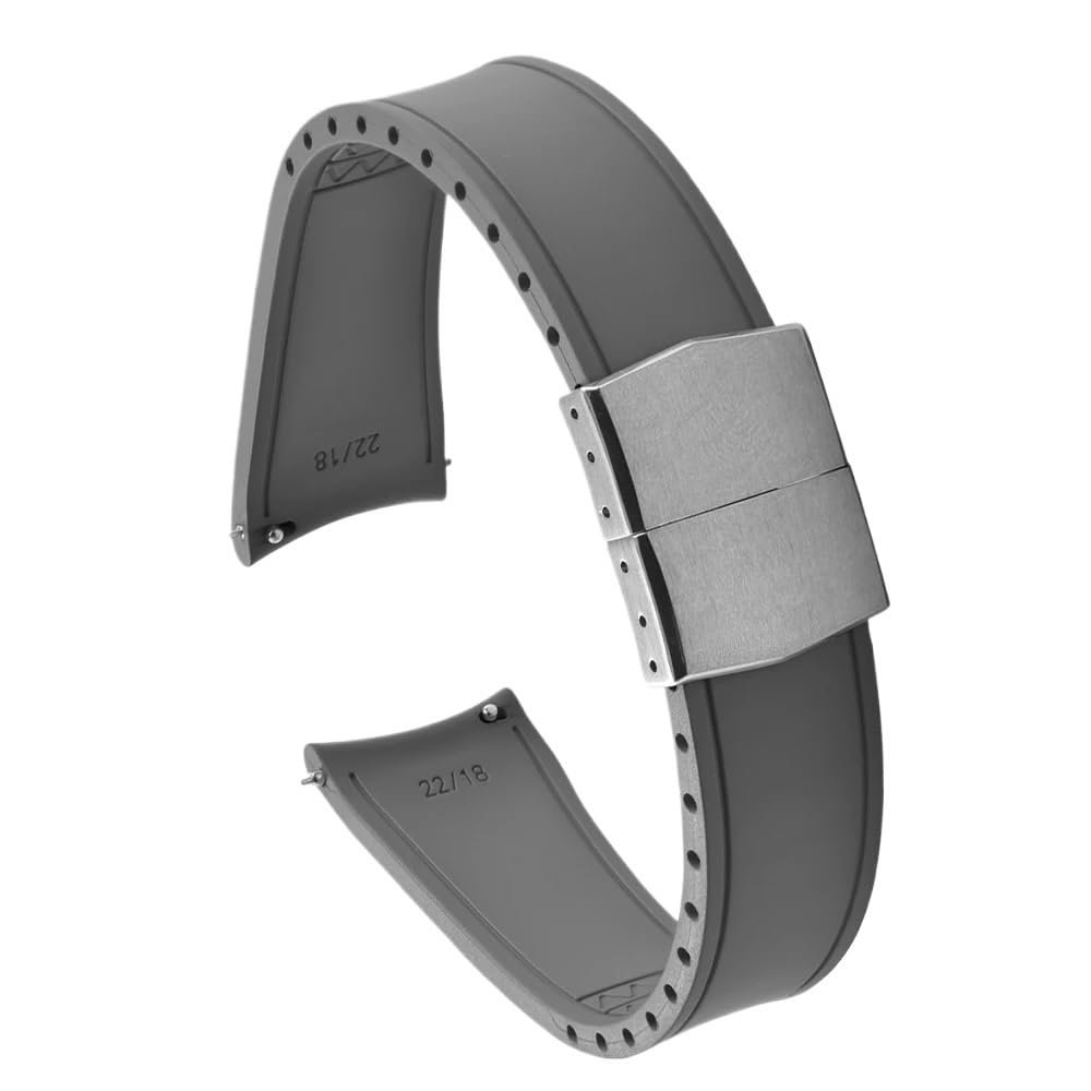 20/22mm Curved End Cuttable Rubber Folding Buckle Universal Diving Watchband Fit for Omega/Casio/Seiko(Gray-Silver Buckle,20mm)