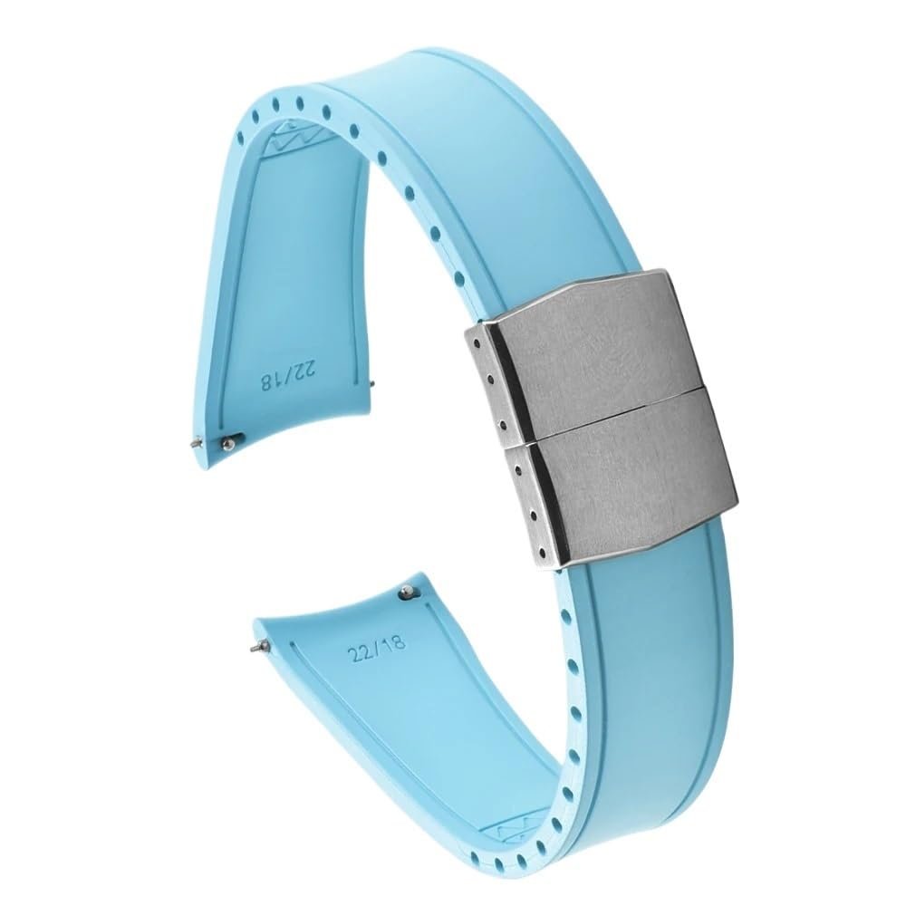 20/22mm Curved End Cuttable Rubber Folding Buckle Universal Diving Watchband Fit for Omega/Casio/Seiko(Sky Blue-Silver,20mm)
