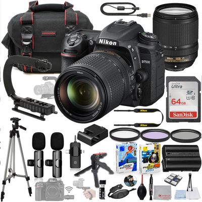 Nikon D7500 DSLR Camera with 18-140mm Lens Bundle + Wireless Microphone System + Accessory Package Including 64GB Memory, U-Grip, Case, Tripod, Software and More (35 Items)