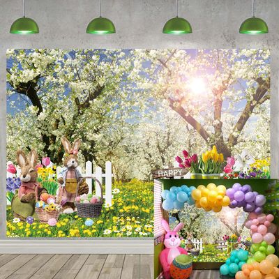 Spring Easter Photography Backdrop 8x6FT Flowers Lawn Natural Scenery Easter Background Spring Baby Shower Birthday Party Decorations Photo Props