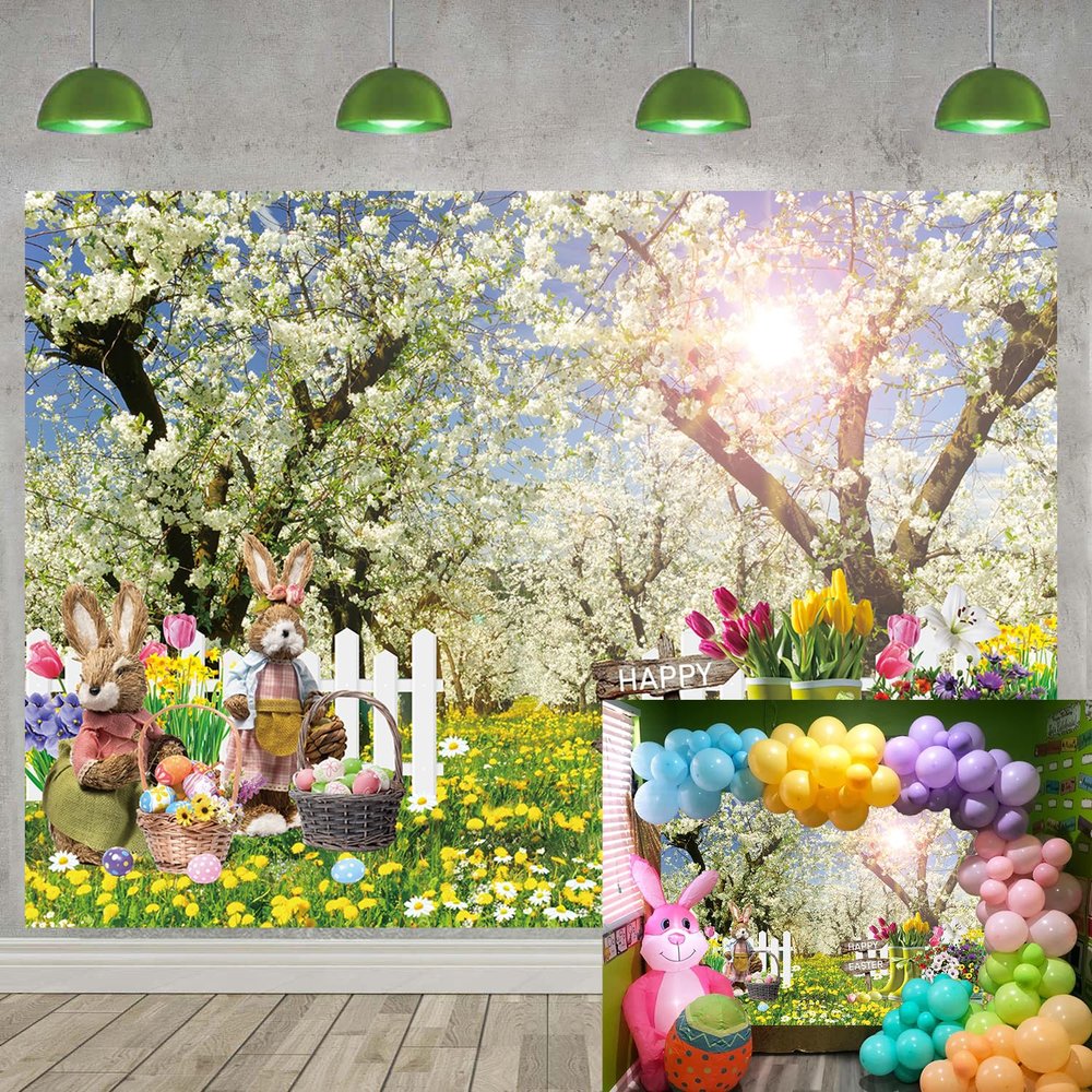Spring Easter Photography Backdrop 8x6FT Flowers Lawn Natural Scenery Easter Background Spring Baby Shower Birthday Party Decorations Photo Props
