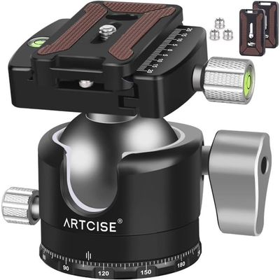 ARTCISE 50mm Low Profile Ball Head Tripod Head Heavy Duty CNC Aluminum Alloy Camera Ballhead with Arca-Swiss QR Plate U-Notch Vertical Shooting Bubble Level 55lbs Load for DSLR Camera Tripod Monopod