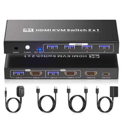 2 Port HDMI KVM Switch, USB 3.0 4K60Hz KVM Switch 1 Monitor 2 Computers for 2 PCs Share 1 Monitor and 1 Set of Keyboard Mouse, 4 USB 3.0 Ports for Peripheral