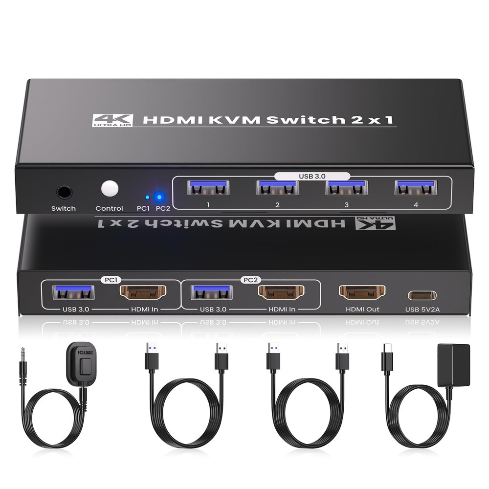 2 Port HDMI KVM Switch, USB 3.0 4K60Hz KVM Switch 1 Monitor 2 Computers for 2 PCs Share 1 Monitor and 1 Set of Keyboard Mouse, 4 USB 3.0 Ports for Peripheral