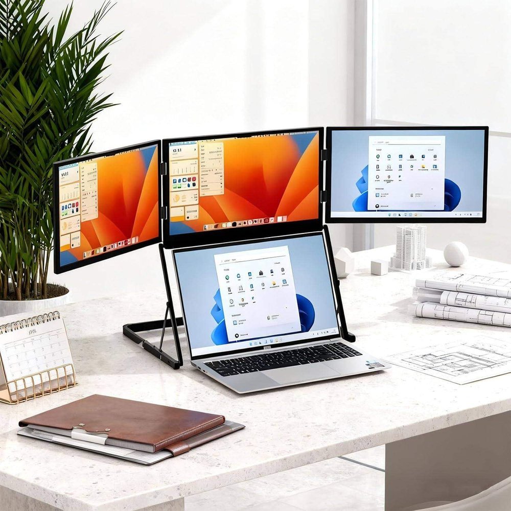 15.6" Laptop Tri-Fold Monitor, Triple Screen Laptop Extender 1080P IPS, Pro Max Monitor, Portable Monitor with USB-C & HDMI, Travel Productivity Monitor with 360 Rotation Adjustable Viewing Angles