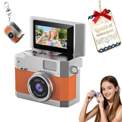 2026 New Mini Digital Camera with 1.47 in Flip LCD Screen, 1080p Retro Mini Ccd Camera with 32/64/128GB Card,Keychain Digital Camera with Lanyard,Record The Beautiful Moments of Life (Orange,64GB)