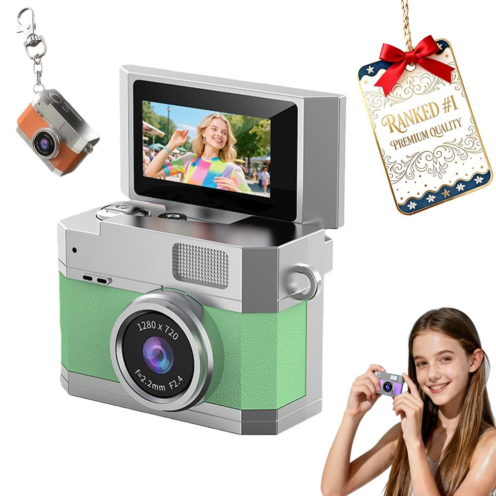 2026 New Mini Digital Camera with 1.47 in Flip LCD Screen, 1080p Retro Mini Ccd Camera with 32/64/128GB Card,Keychain Digital Camera with Lanyard,Record The Beautiful Moments of Life (Green,64GB)