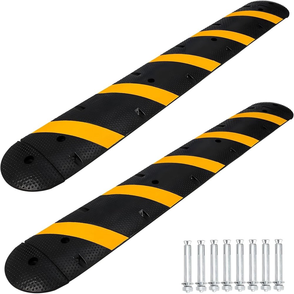 7 FT Heavy Duty Rubber Speed Bump 2-Pack, Driveway Cable Protector Ramp with Installation Bolts & 2 End Caps for Parking Lots, Garage & Gravel Roads