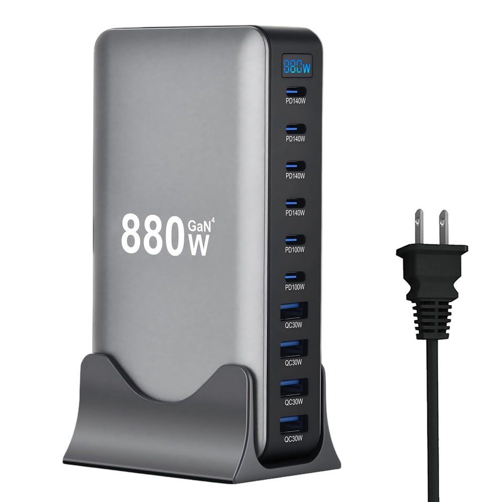 880W USB C Fast Charger Block, 10 Ports GaN IV Pro USB Chagring Station, 140W PD QC HUB for Multiple Devices, Laptop Adapter Compatible with MacBook Pro/Air iPad iPhone Pro Max, Galaxy, Dell, HP