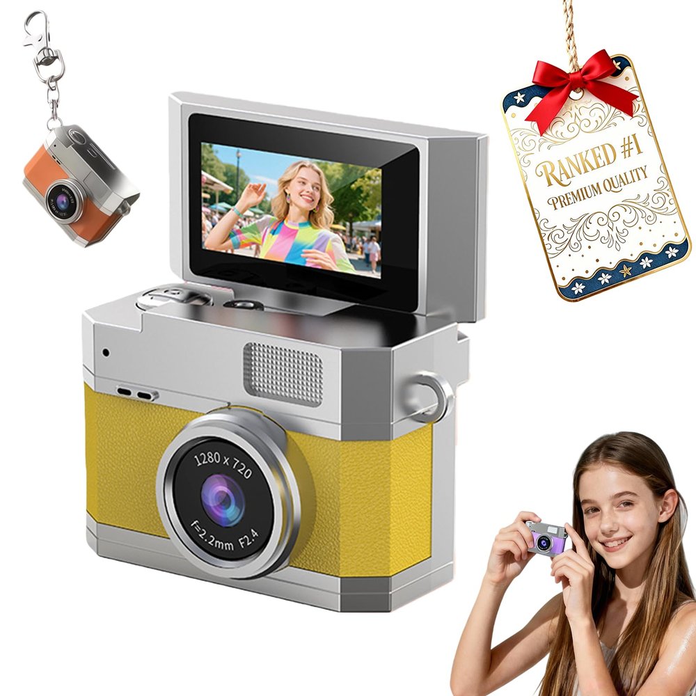 2026 New Mini Digital Camera with 1.47 in Flip LCD Screen, 1080p Retro Mini Ccd Camera with 32/64/128GB Card,Keychain Digital Camera with Lanyard,Record The Beautiful Moments of Life (Yellow,No Card)