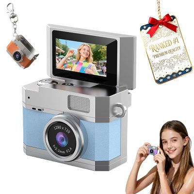 2026 New Mini Digital Camera with 1.47 in Flip LCD Screen, 1080p Retro Mini Ccd Camera with 32/64/128GB Card,Keychain Digital Camera with Lanyard,Record The Beautiful Moments of Life (Blue,32GB)