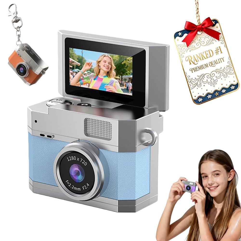 2026 New Mini Digital Camera with 1.47 in Flip LCD Screen, 1080p Retro Mini Ccd Camera with 32/64/128GB Card,Keychain Digital Camera with Lanyard,Record The Beautiful Moments of Life (Blue,32GB)