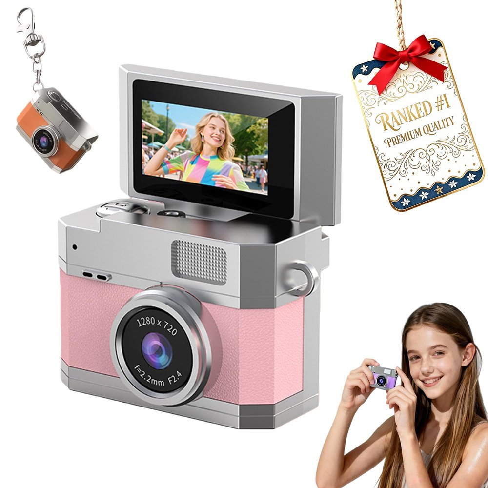 2026 New Mini Digital Camera with 1.47 in Flip LCD Screen, 1080p Retro Mini Ccd Camera with 32/64/128GB Card,Keychain Digital Camera with Lanyard,Record The Beautiful Moments of Life (Pink,No Card)