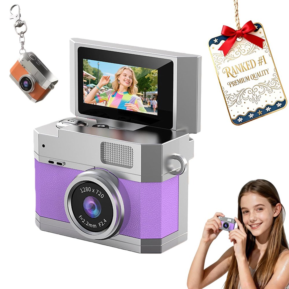 2026 New Mini Digital Camera with 1.47 in Flip LCD Screen, 1080p Retro Mini Ccd Camera with 32/64/128GB Card,Keychain Digital Camera with Lanyard,Record The Beautiful Moments of Life (Purple,32GB)