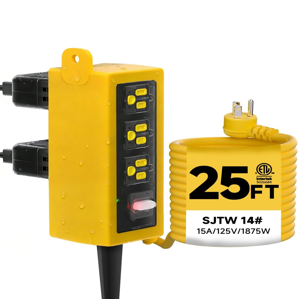 Iwister IP66 Outdoor Power Strip Fully Waterproof, 6 AC 25 Ft, 1875W/15A 14AWG Heavy-Duty SJTW Extension Cord, All-Weather, Surge Protection, Ideal for Outdoor, patios,Garden, Pool Party,RV,Yellow