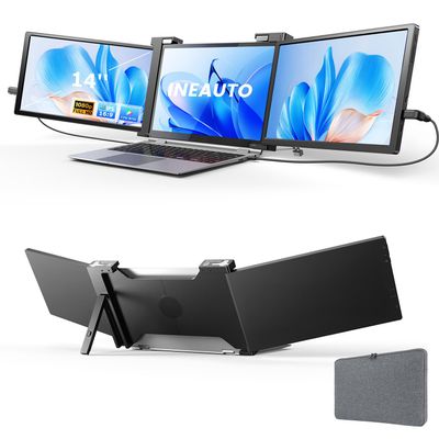 14'' Triple Laptop Screen Extender, 1080P FHD Portable Monitor for 14"-17" Laptop with USB-C/HDMI Port, Plug-Play Monitor Extender for Triple Display for Mac/Windows Remote Work & Multitasking