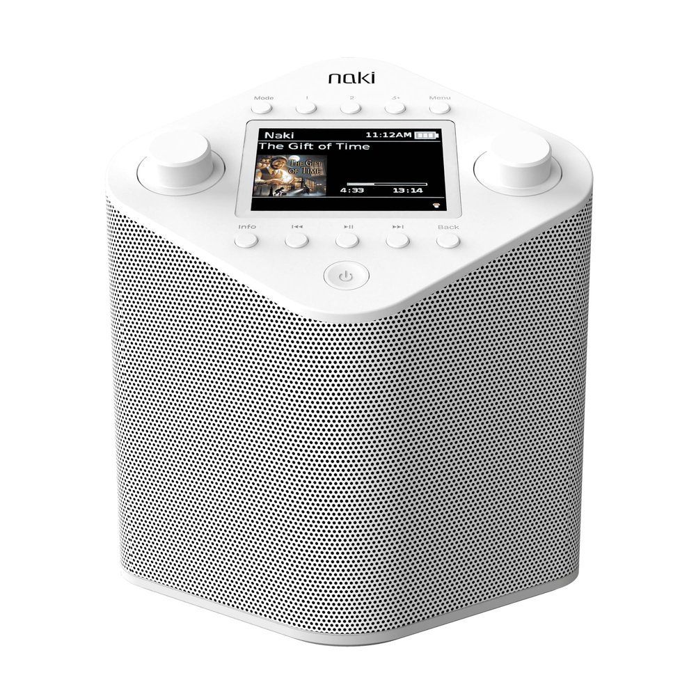 Naki Pulse - Online Streaming Kosher Music Player (White) with Single 5W Speaker, Rubber Non-Slip Base and Bluetooth-Enabled