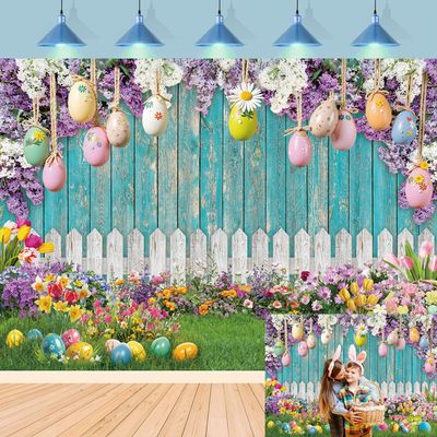 Easter Backdrop Blue Wooden Wall Colorful Eggs Floral Grass Fence Spring Garden Photography Background for Kids Baby Shower Party Birthday Decoration Banner Photo Booth Props (7x5FT)