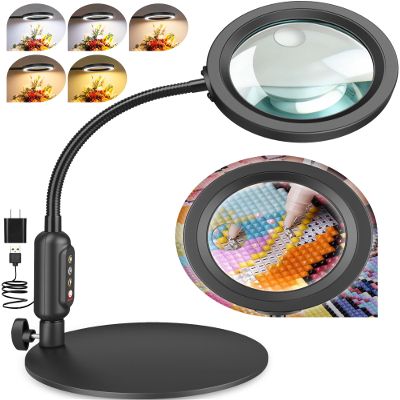 30X 10X Magnifying Glass with Light and Stand, 5 Color Modes Stepless Dimmable, Optical Grade HD Lens, LED Lighted Magnifier Hands Free with Flexible Gooseneck for Close Work, Craft, Hobby, Painting