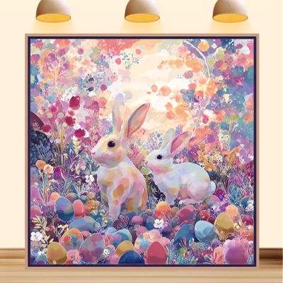 10X7ft Fabric Easter Backdrop Paper Mache Eggs Hand-Drawn Rabbit Painted Bunny Egg Background Party Decorations Photo Studio Props Home Wall Decor