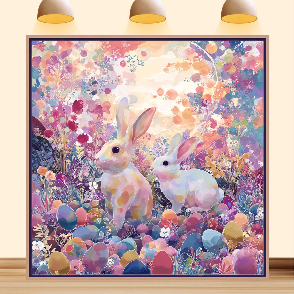 10X7ft Fabric Easter Backdrop Paper Mache Eggs Hand-Drawn Rabbit Painted Bunny Egg Background Party Decorations Photo Studio Props Home Wall Decor