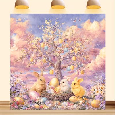 10X7ft Fabric Easter Backdrop Bumblebee Busy Blooms Hand-Drawn Rabbit Painted Bunny Egg Background Party Decorations Photo Studio Props Home Wall Decor