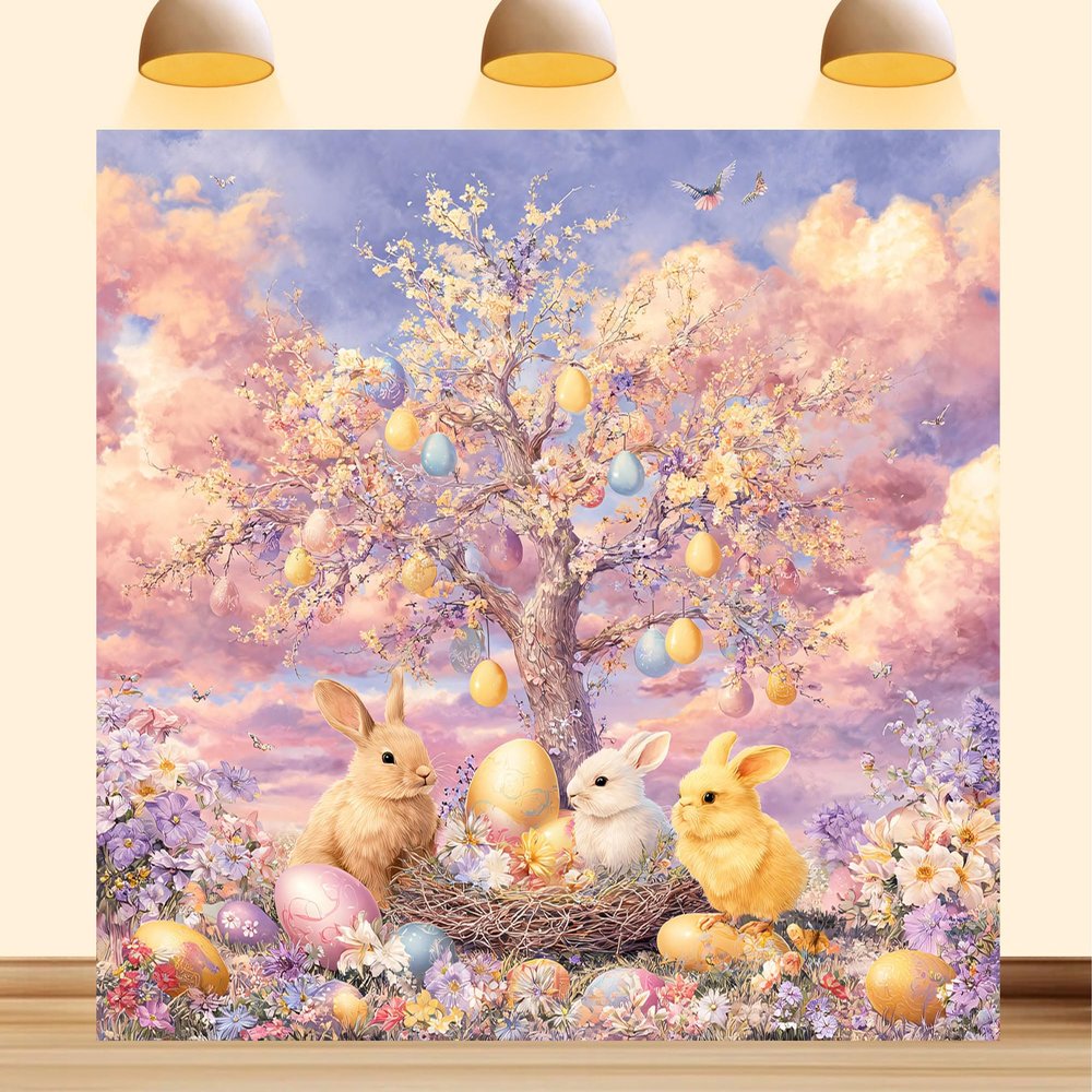 10X7ft Fabric Easter Backdrop Bumblebee Busy Blooms Hand-Drawn Rabbit Painted Bunny Egg Background Party Decorations Photo Studio Props Home Wall Decor