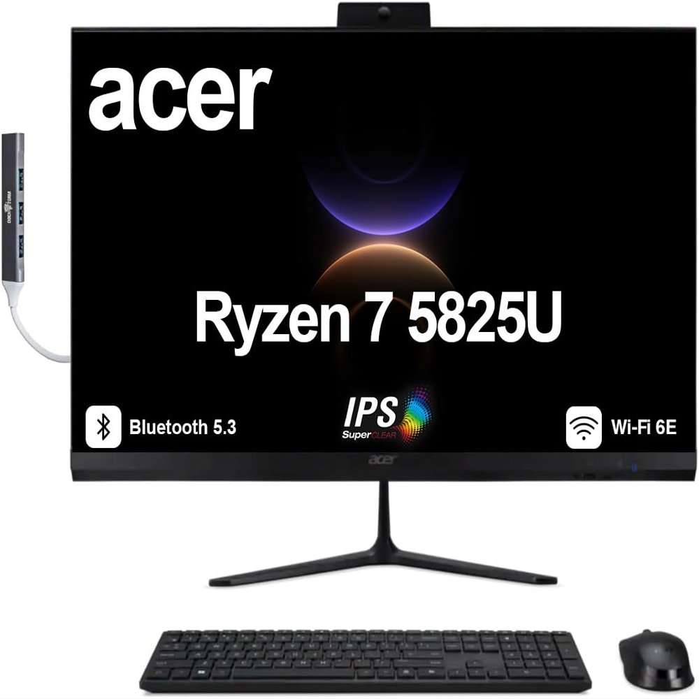 acer Aspire 27 All-in-One Desktop, 27" IPS FHD Display, AMD Ryzen 7 5825U (Ryzen 7 5000 Series), 64GB DDR4, 1TB SSD, Wi-Fi 6E, Webcam, Bluetooth 5.3, Windows 11 Home, with DKZ USB Port Expander