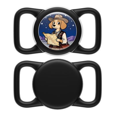 Dog AirTag Holder for Dog Collar, Soft Silicone Slide-On Case for Apple AirTag, No-Dangle Quiet Protective Holder with Eye-Catching Pet Character Designs, Black-Trail Guide