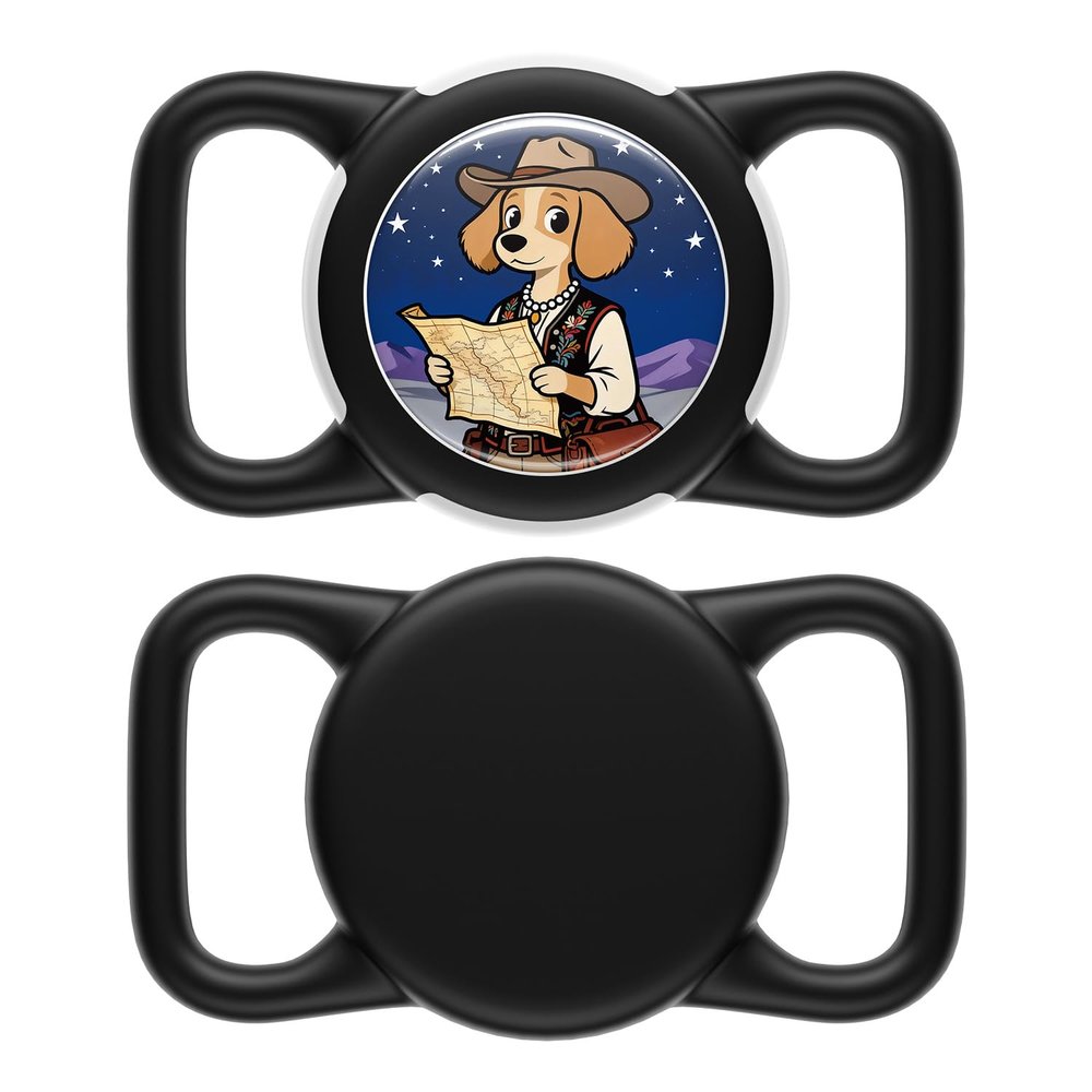 Dog AirTag Holder for Dog Collar, Soft Silicone Slide-On Case for Apple AirTag, No-Dangle Quiet Protective Holder with Eye-Catching Pet Character Designs, Black-Trail Guide