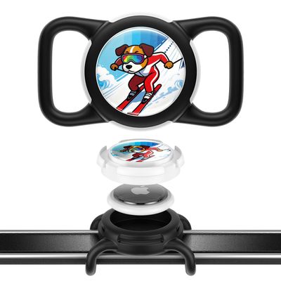 Dog AirTag Holder for Dog Collar, Soft Silicone Slide-On Case for Apple AirTag, No-Dangle Quiet Protective Holder with Eye-Catching Pet Character Designs, Black-Ski Racer