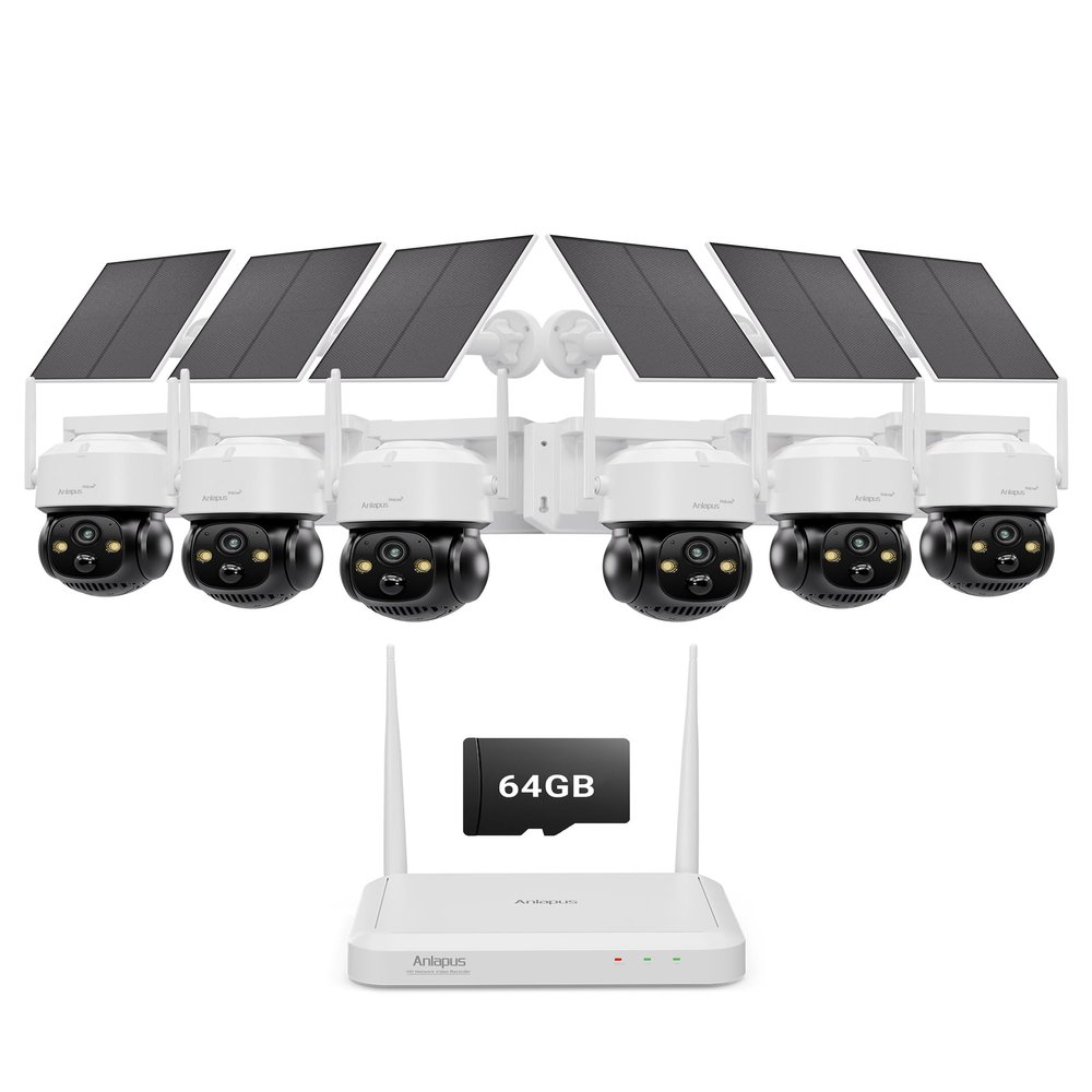 Anlapus Solar Security Camera Wireless Outdoor, 2.5K Pan/Tilt 6-Cam Kit with Solar Panel, Wireless Home Security Camera System with PIR/AI Detect, Color Night Vision, No Monthly Fee, 64GB Memory Card