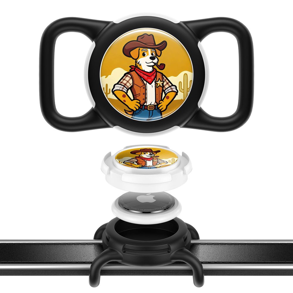 Dog AirTag Holder for Dog Collar, Soft Silicone Slide-On Case for Apple AirTag, No-Dangle Quiet Protective Holder with Eye-Catching Pet Character Designs, Black-Cowboy Sheriff