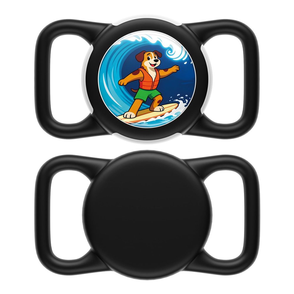 Dog AirTag Holder for Dog Collar, Soft Silicone Slide-On Case for Apple AirTag, No-Dangle Quiet Protective Holder with Eye-Catching Pet Character Designs, Black-Surfer
