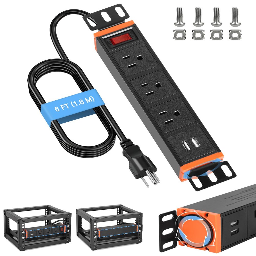10-Inch Rack Mount PDU Power Strip, 1U Half-Rack Power Distribution Unit, 3 AC Outlets, 2 USB-A Ports, 15A Resettable Overload Switch, 6 ft 16AWG Cord for 10'' Mini Server Network Cabinets/Rack/Self