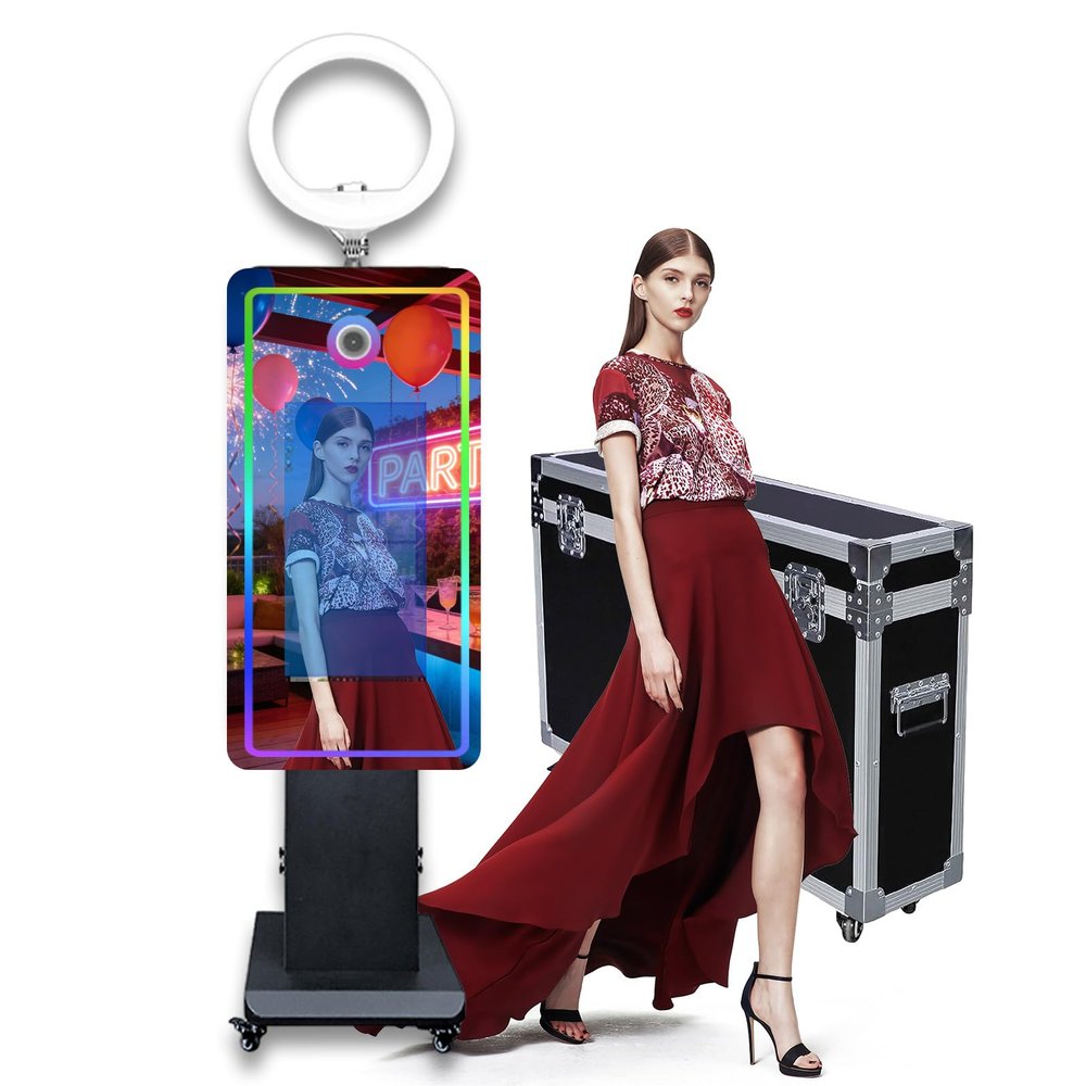 Magic Mirror Photo Booth with 21.5in Touch Screen Photo Booth Machine with RGB Light,Idea Printing and Share for Event Rental Party (Black, Photo Booth Machine)