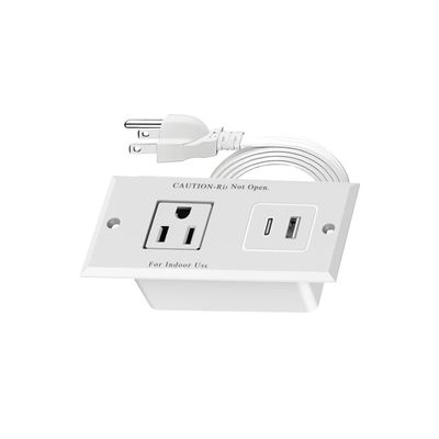 1500W Small Recessed Power Strip with Inset USB Electrical Outlet Extender Plug Extension Cord Hidden Flush Mount Surge Protector Charging Station for NightStand Desk Furniture (White)