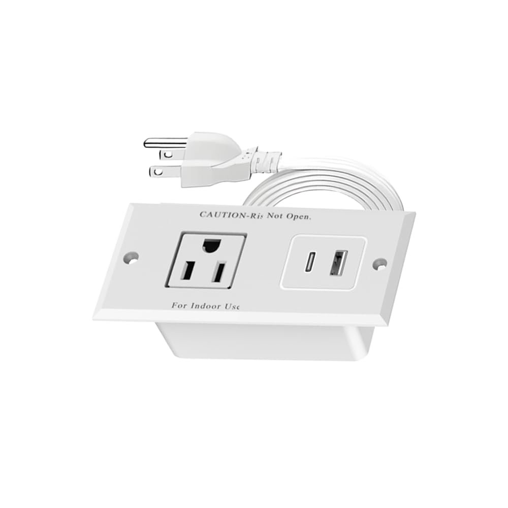 1500W Small Recessed Power Strip with Inset USB Electrical Outlet Extender Plug Extension Cord Hidden Flush Mount Surge Protector Charging Station for NightStand Desk Furniture (White)
