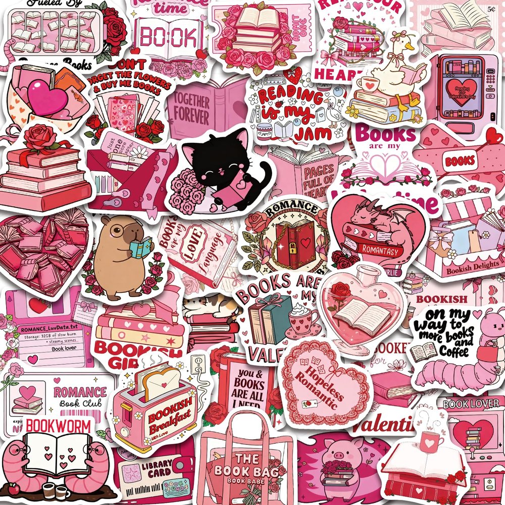 100PCS Book Stickers for Kindle Book Lover Stickers, Pink and Red Romance Reading Bookish Stickers, Waterproof Vinyl Decals for Laptops, Water Bottles, Journals